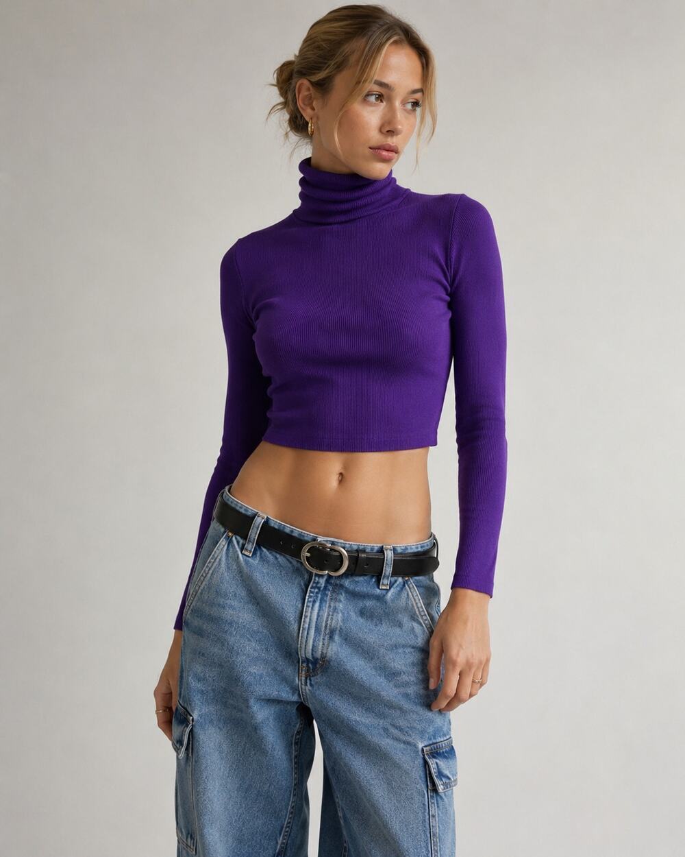 Zara Purple Cropped Turtleneck Top Women’s L Fitted Y2K Long Sleeve Knit